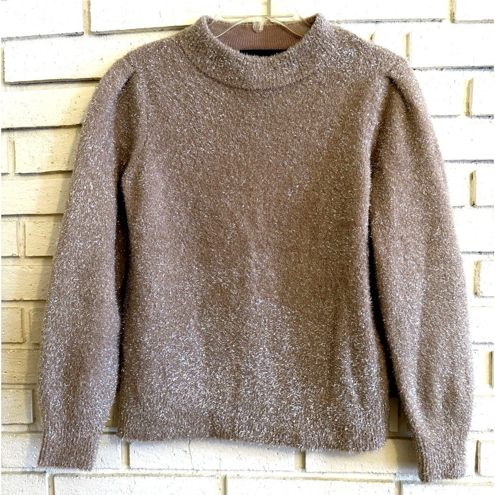 White House Black‎ Market Silver Tinsel Eyelash Pullover Sweater Tan Size Small
